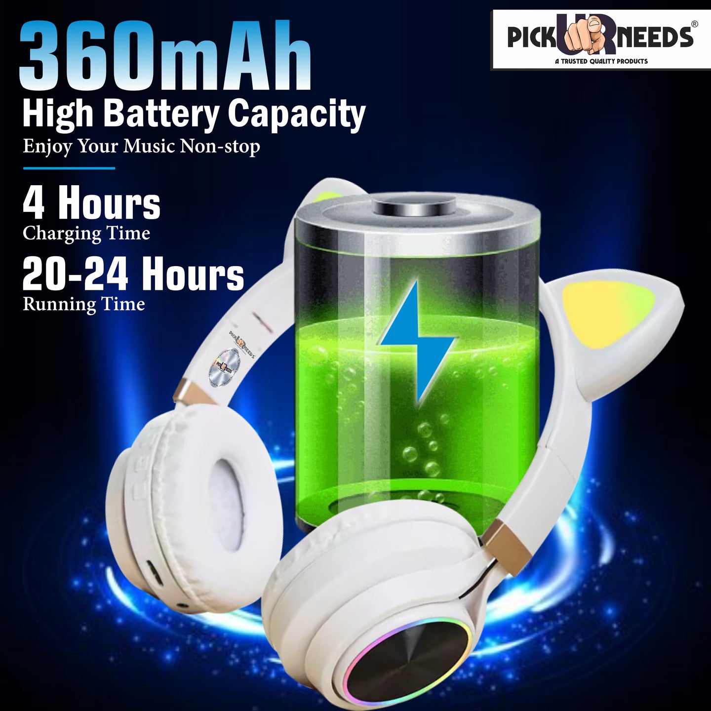 Pick Ur Needs Bluetooth Headphone With Microphone Cat Design Stereo HiFi Earphones Wireless (White)